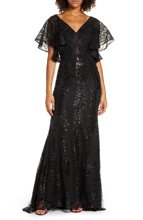 cap sleeve embellished column gown|black cap sleeve formal dress.